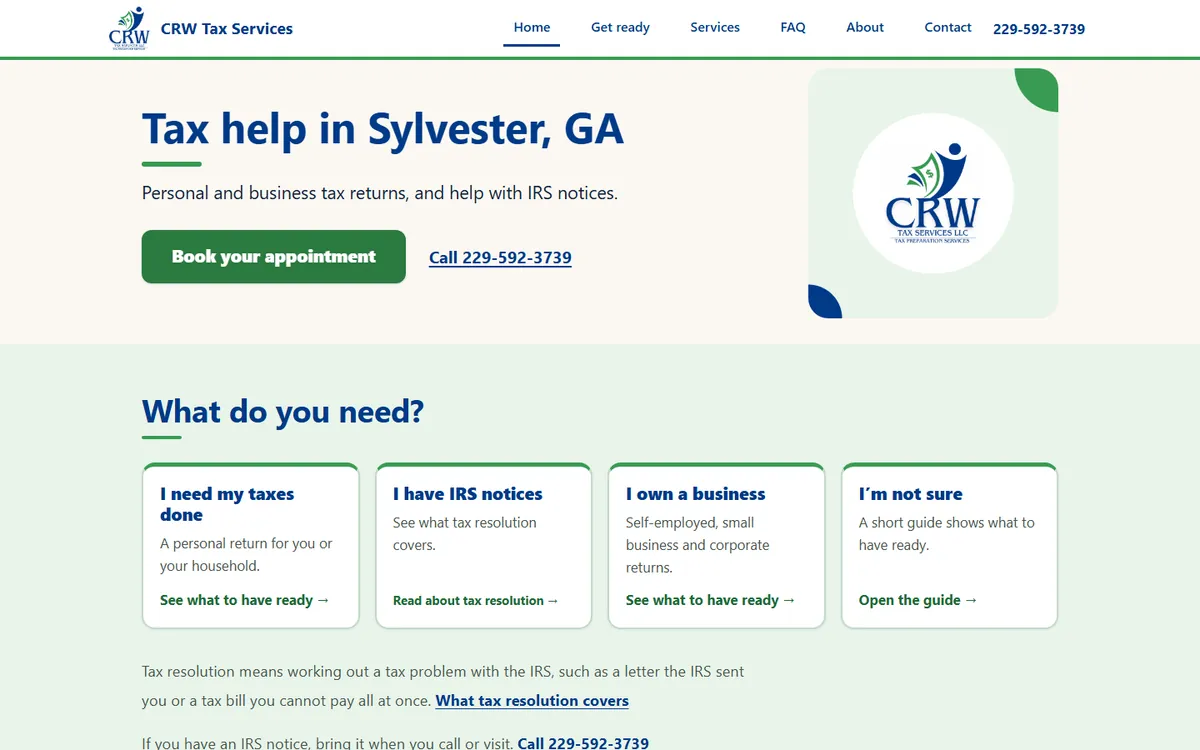 Screenshot of the CRW Tax Services home page: the headline Tax help in Sylvester, GA, a Book your appointment button, and four cards that ask what the visitor needs.