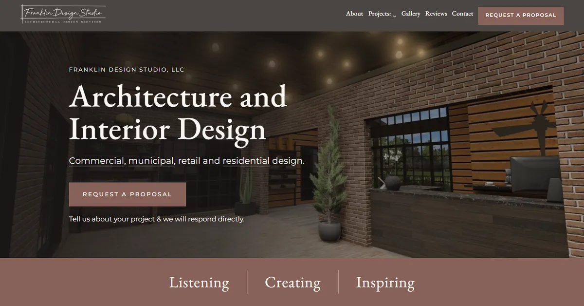 Screenshot of the Franklin Design Studio home page: a rendering of a brick-walled entry with a counter behind the headline Architecture and Interior Design and a Request a Proposal button.