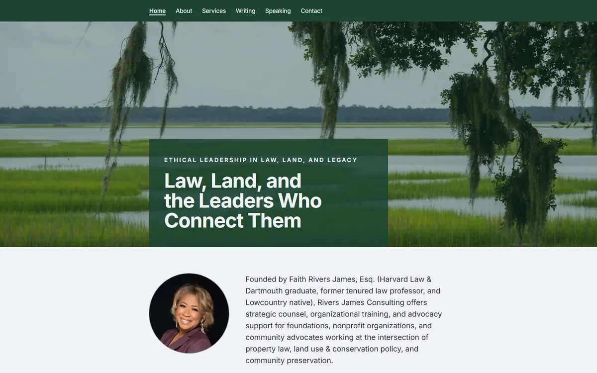 Screenshot of the Rivers James Consulting home page: a marsh with moss-draped oak trees behind the headline Law, Land, and the Leaders Who Connect Them.