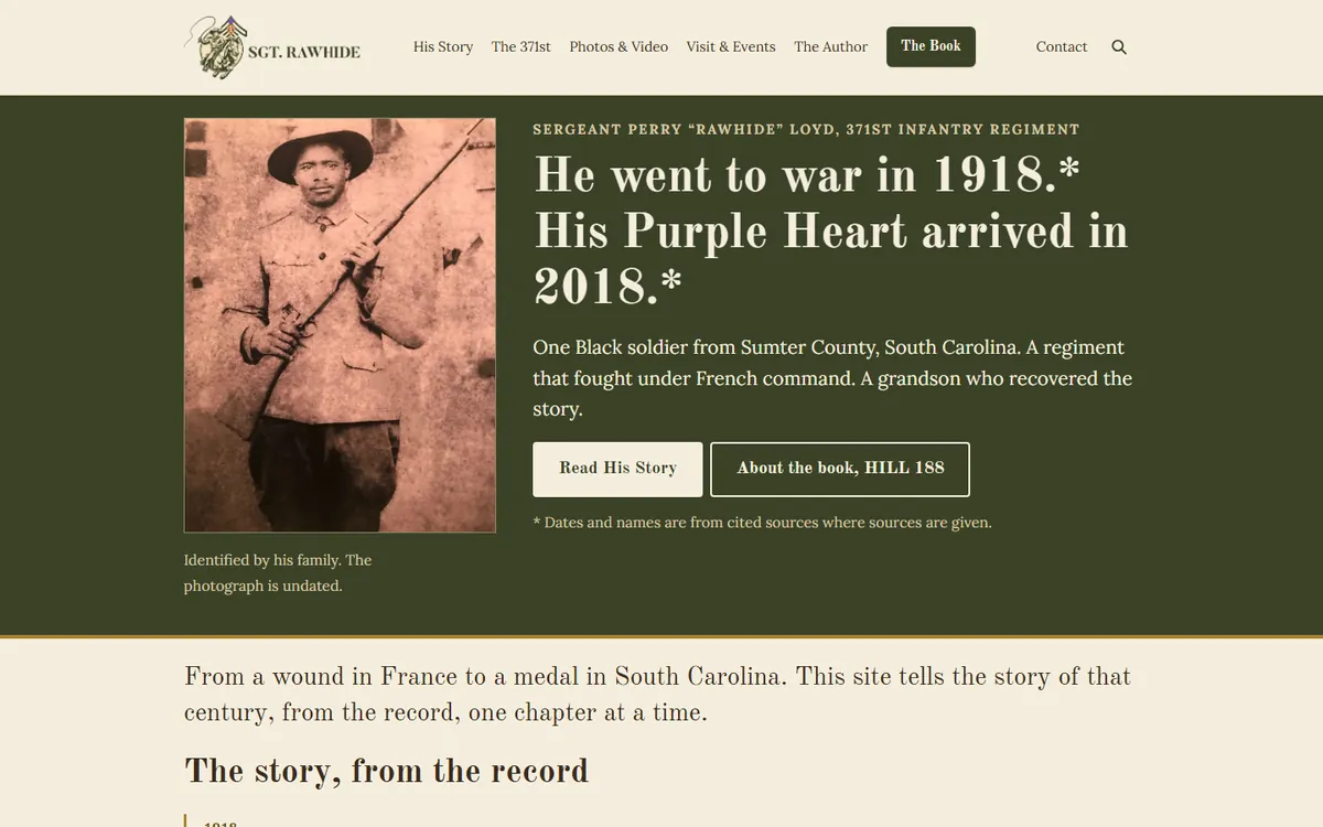 Screenshot of the Sergeant Rawhide home page: an old photograph of a soldier holding a rifle beside a headline about his war service and his Purple Heart.