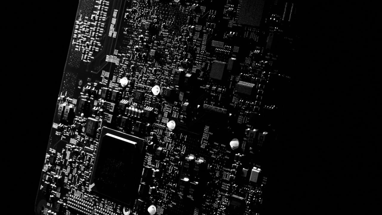 Stock photo: a detailed black and white view of a circuit board.
