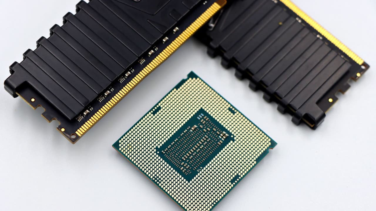 Stock photo: a processor and two memory modules laid out on a white surface.