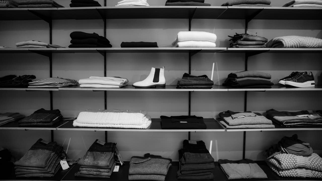 Stock photo: neatly folded clothes and shoes on dark shelves, in black and white.